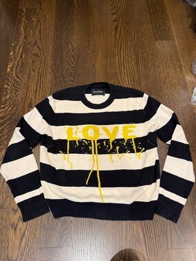 Zadig & Voltaire Black and Cream Striped Crewneck Sweater with Yellow 'LOVE'